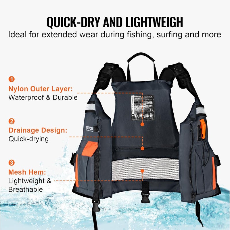 VEVOR Life Vest for Watersports (PFD), Life Jacket with Waterproof Nylon & 80N Buoyancy, Life Vest/Jacket for Any Water Activity-Fishing, Kayaking, Surfing and More, Men and Women - Image 3